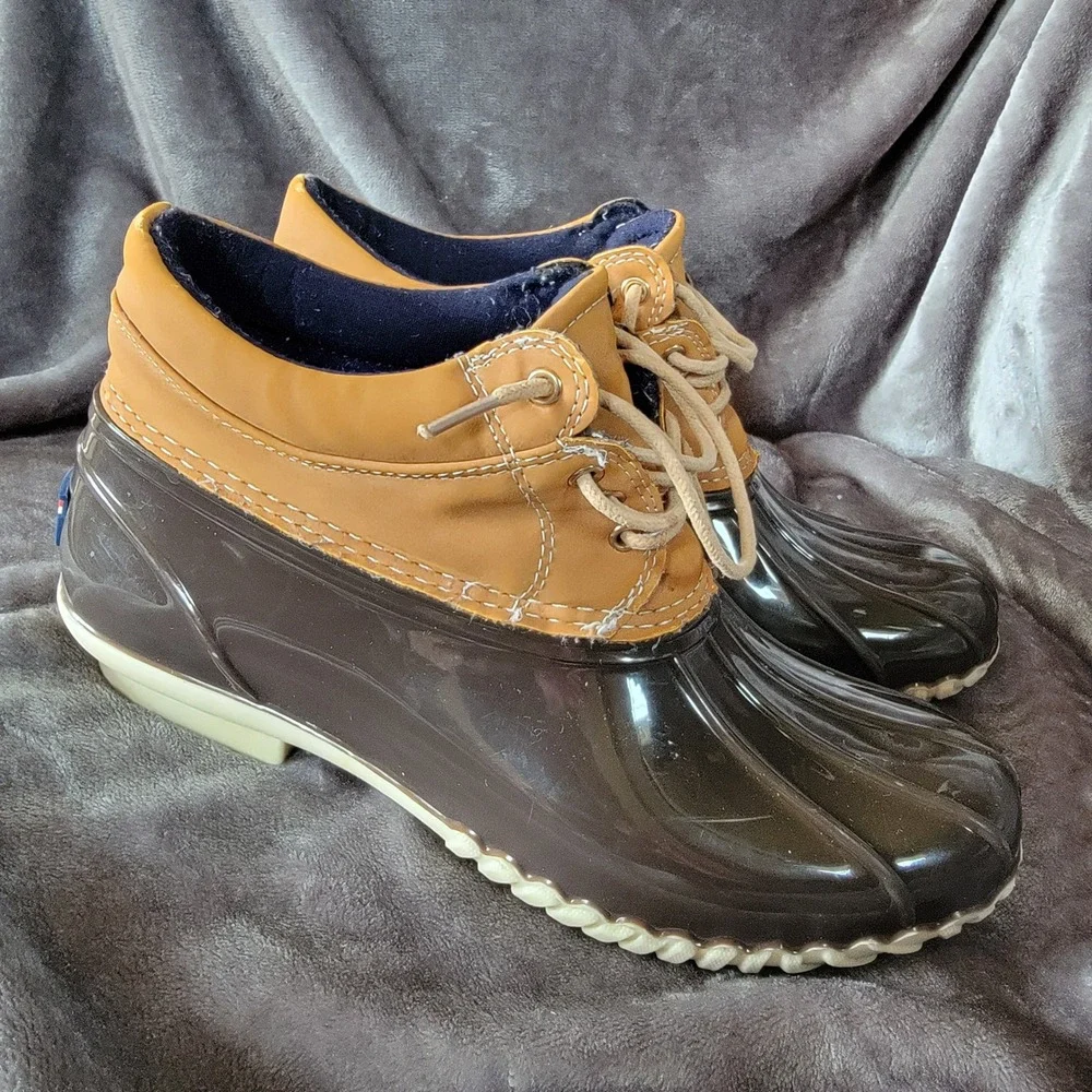 Tommy Hilfiger Duck Boots Womens 8 Brown Good Lace Up Rain Boots TWHEAT-M